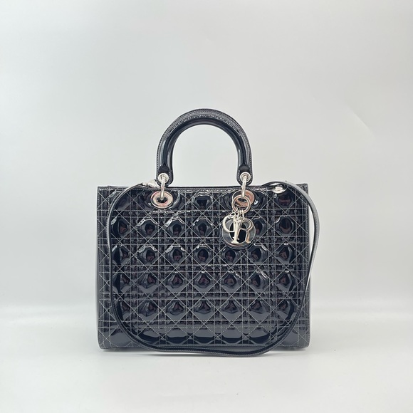 Dior Handbags - Christian Dior Black Patent Leather Large Lady Dior Shoulder Bag